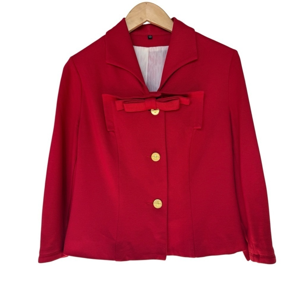 Cabi Women's Red Blazer Jacket Sz 6 Bow Accent Gold Button Casual Office Attire